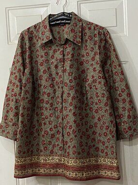 NEW Chaps Women's Sz 1X Blouse Shirt 3/4 Sleeve Olive/Burgundy/Tan Floral
